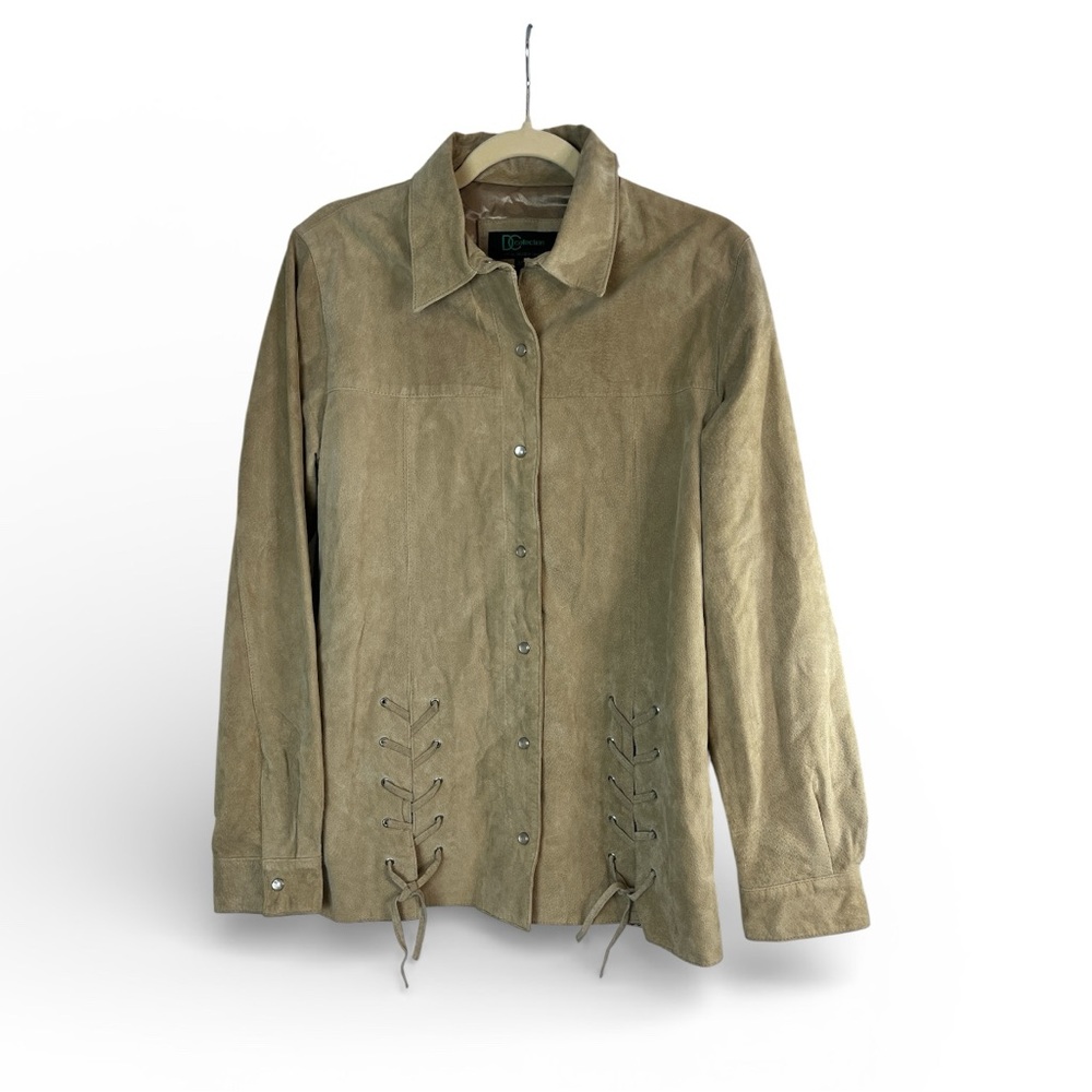 Vintage‎ Western Suede Pearl Snap Shirt Jacket Women’s M Tan Leather Lace Up